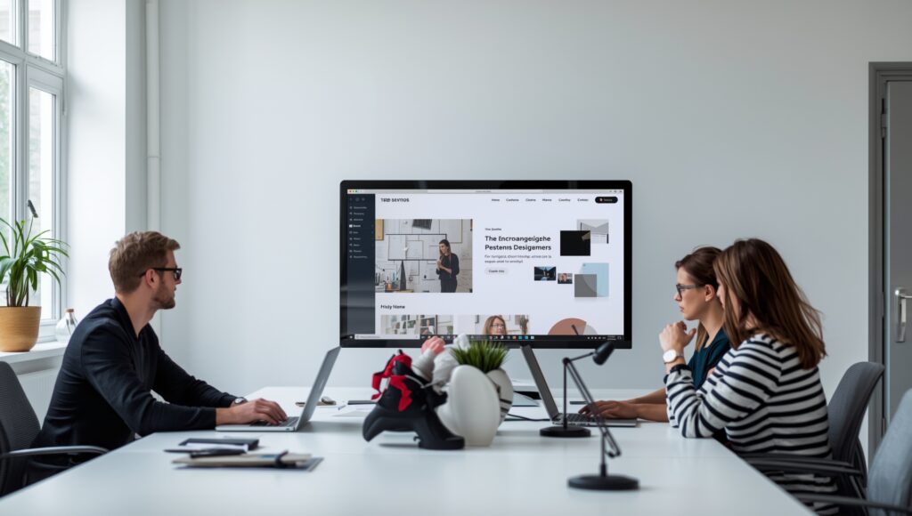 Modern office workspace with web designers working on laptops, large screen showing website layout, clean minimalistic style, realistic photography, European team, natural daylight, focus on creativity and collaboration --ar 16:9 --v 5 --style cinematic
izrada sajta cena