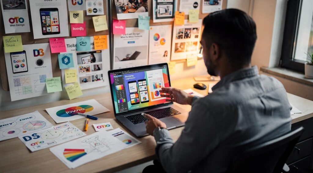 Modern workspace showcasing synergy in graphic and web design with designer and creative elements