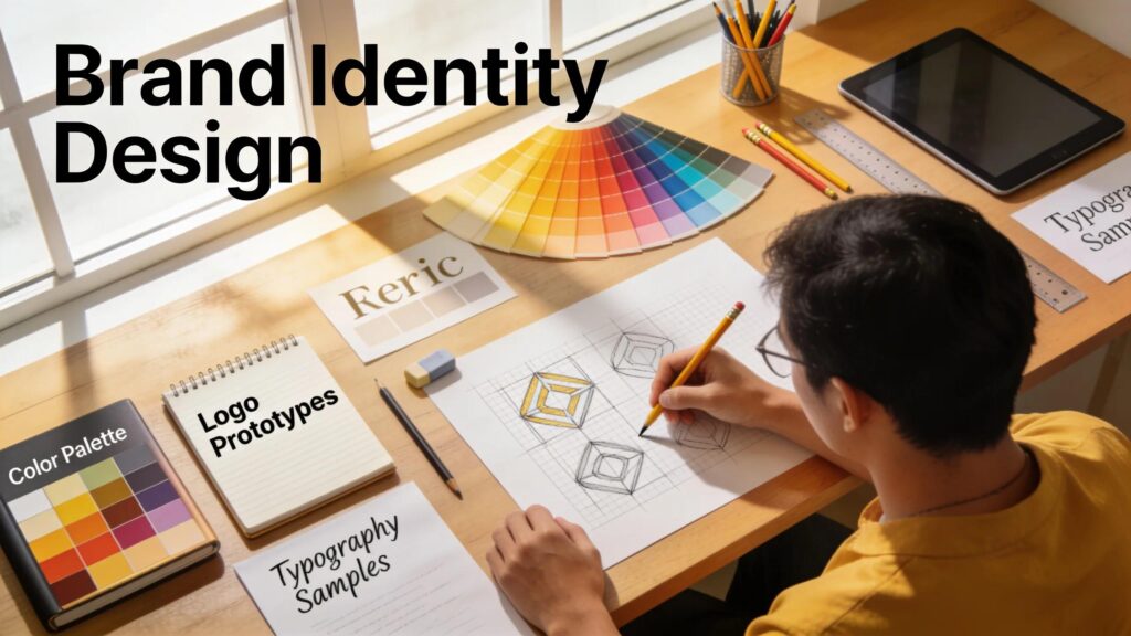 Designer creating visual identity with logo designs, color palettes, and typography samples