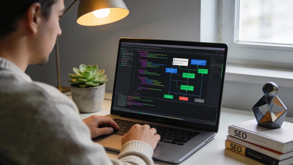 Web developer optimizing on-page SEO elements on a computer, showcasing focus on website performance. &Scaron;ta je SEO optimizacija