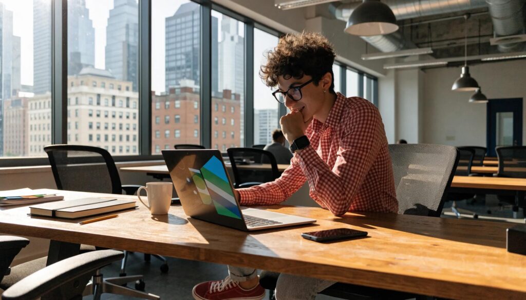 Business owner focusing on SEO optimization strategies in a modern office setting