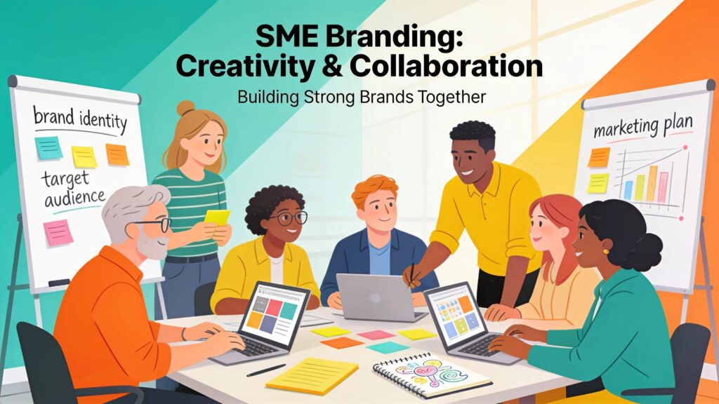 A diverse group of entrepreneurs collaborating on branding strategies for SMEs