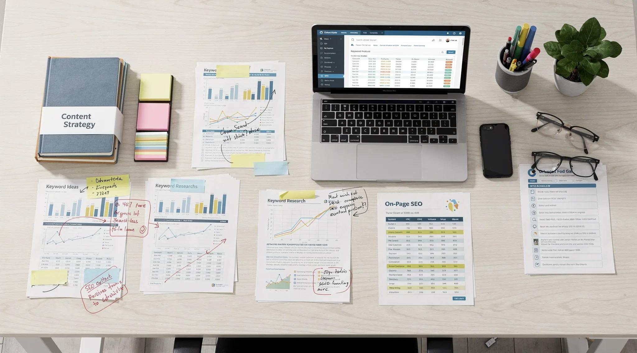 Workspace with SEO documents and tools for keyword research and content optimization