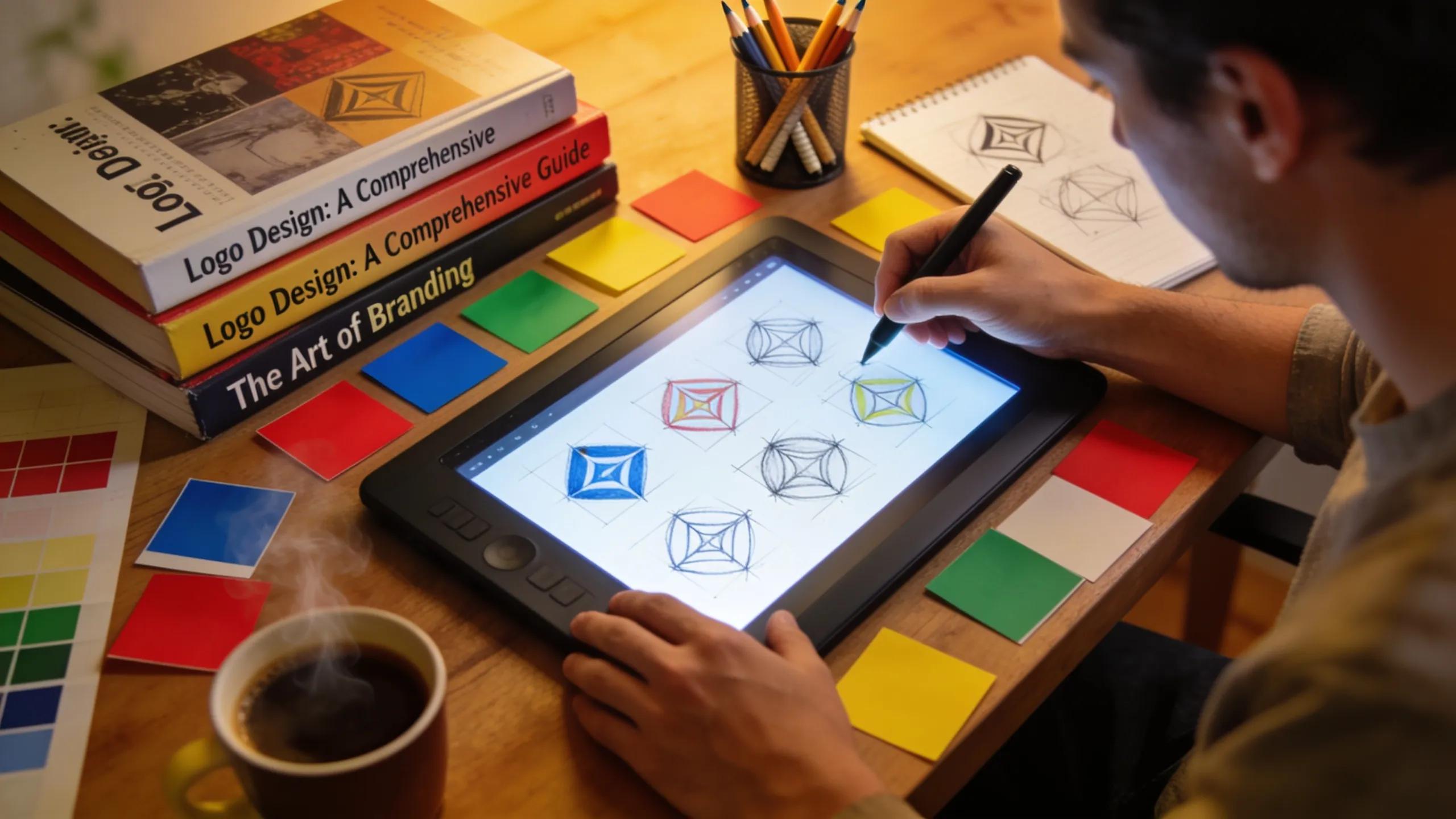 Designer creating logos with sketches, color swatches, and design resources in a creative workspace