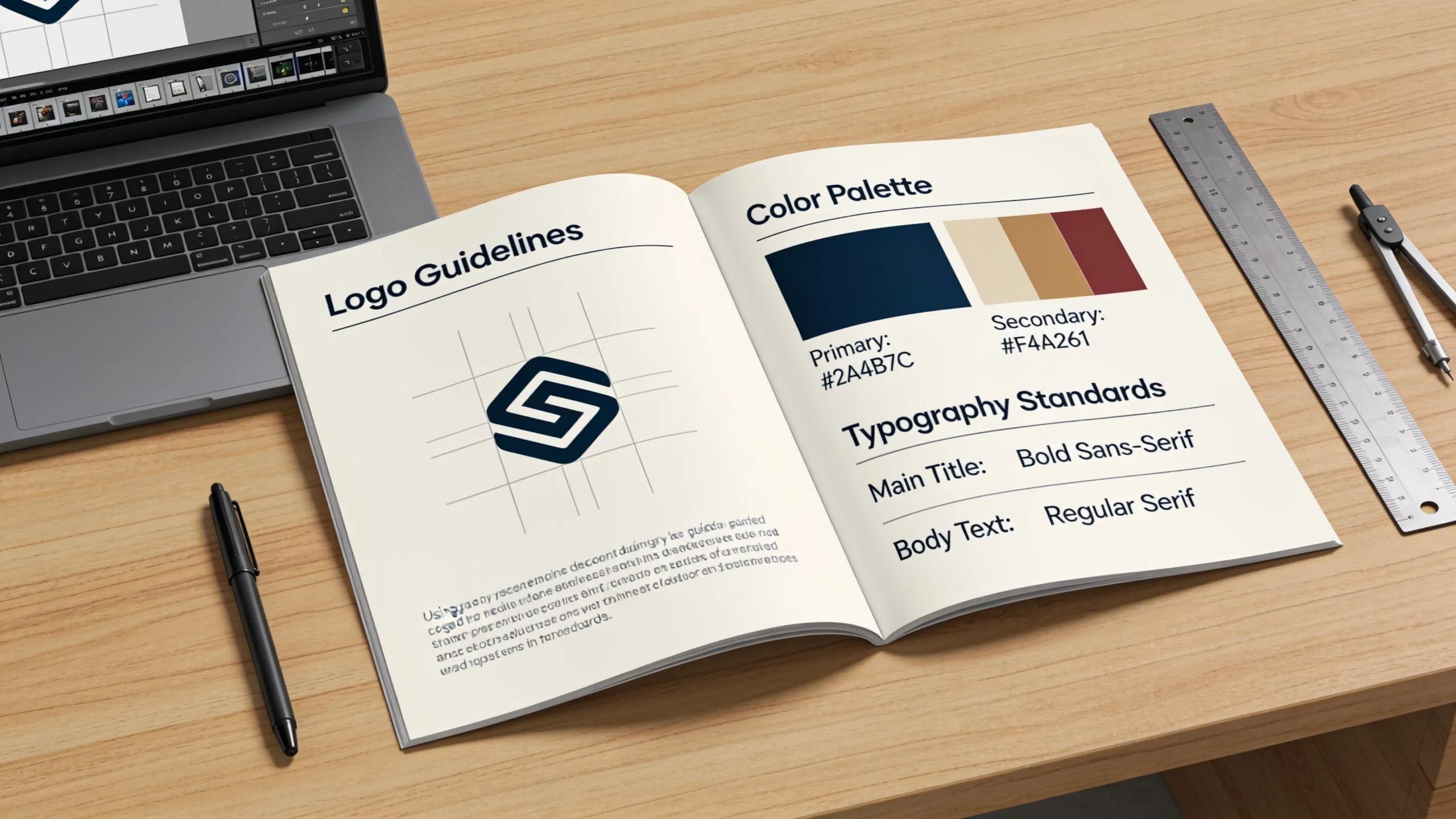 Open brand book displaying guidelines for visual identity elements like logos, colors, and typography