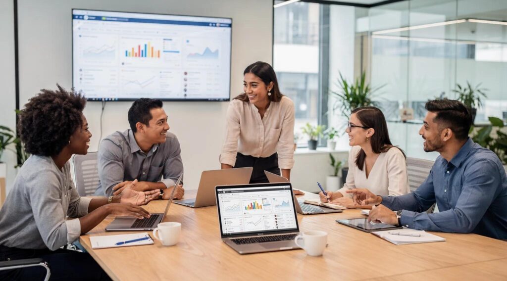 Team of professionals collaborating on SEO strategies in a modern office setting